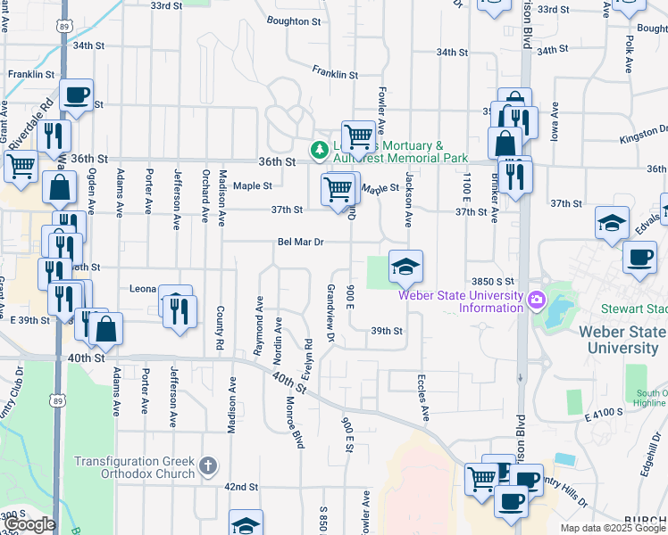 map of restaurants, bars, coffee shops, grocery stores, and more near 3813 Grandview Drive in Ogden