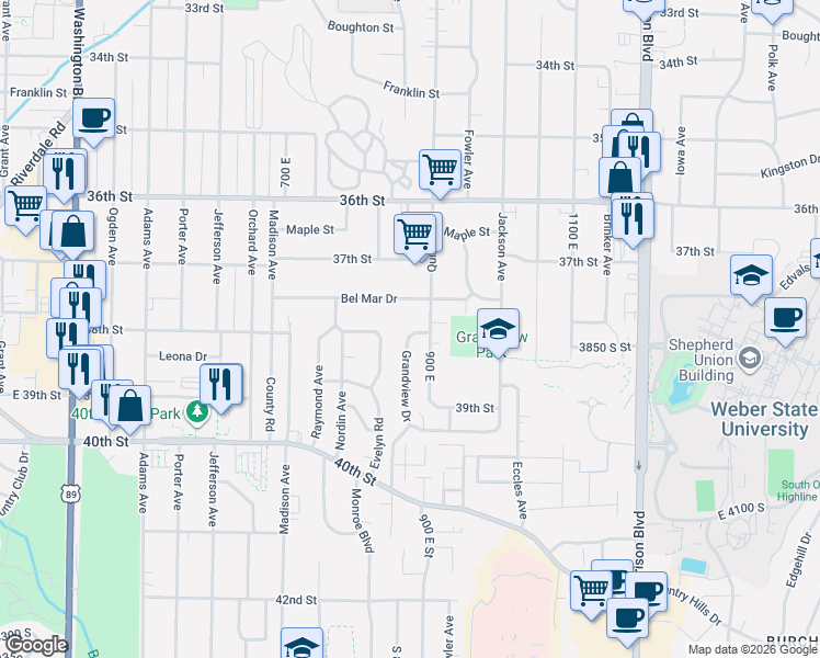 map of restaurants, bars, coffee shops, grocery stores, and more near 3813 Grandview Drive in Ogden
