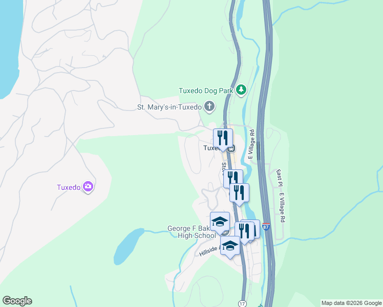 map of restaurants, bars, coffee shops, grocery stores, and more near 32 Nursery Road in Tuxedo Park