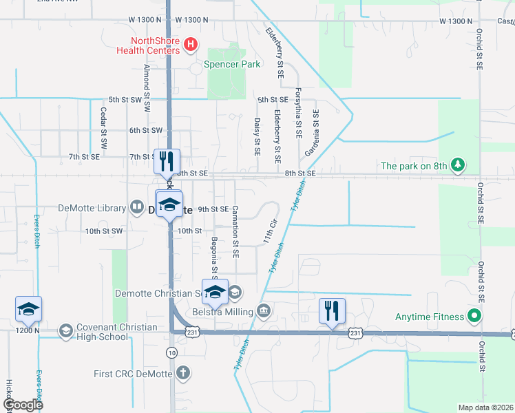 map of restaurants, bars, coffee shops, grocery stores, and more near 830 Daisy St SE in De Motte