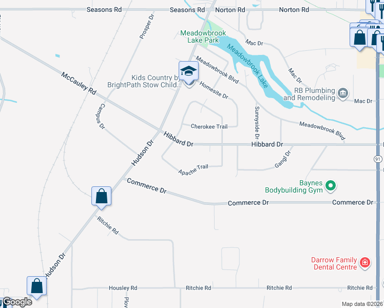 map of restaurants, bars, coffee shops, grocery stores, and more near 1344 Hibbard Drive in Stow