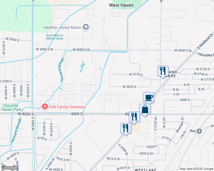 map of restaurants, bars, coffee shops, grocery stores, and more near 3815 South 3050 West in West Haven