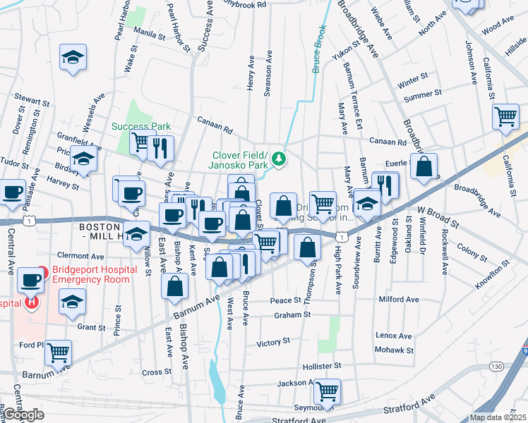 map of restaurants, bars, coffee shops, grocery stores, and more near 116 Clover Street in Stratford