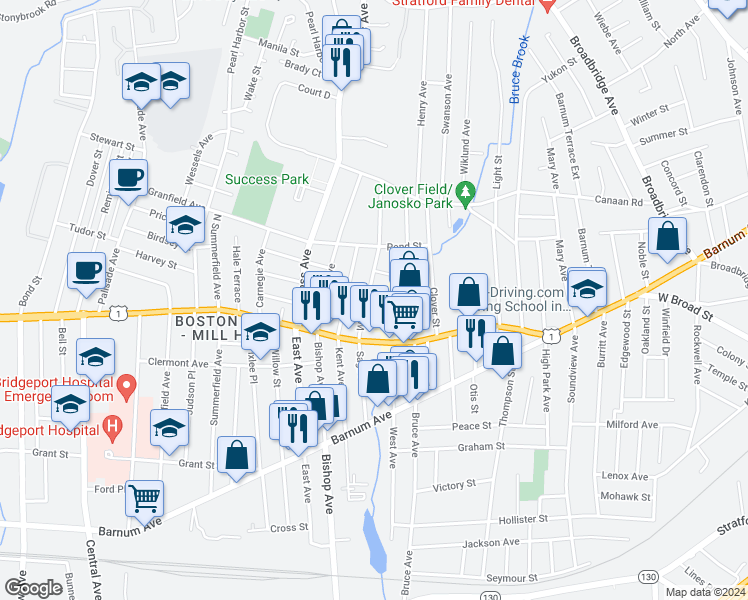 map of restaurants, bars, coffee shops, grocery stores, and more near 146 Weber Street in Bridgeport