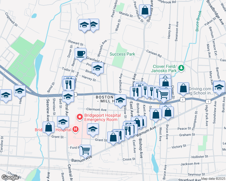 map of restaurants, bars, coffee shops, grocery stores, and more near 67 Hale Terrace in Bridgeport