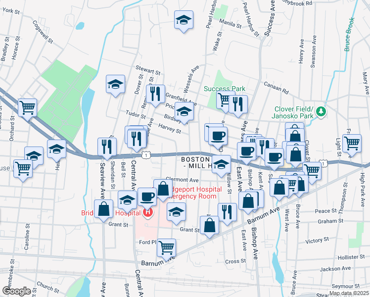 map of restaurants, bars, coffee shops, grocery stores, and more near 60 Boston Terrace in Bridgeport
