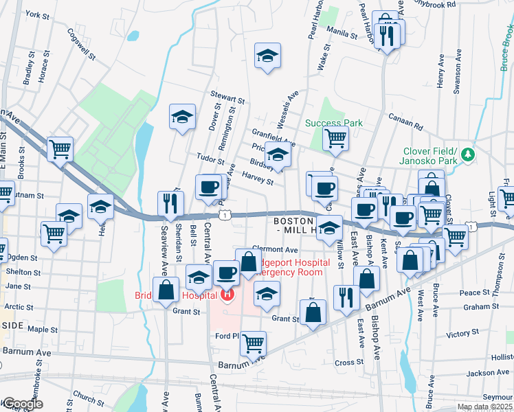 map of restaurants, bars, coffee shops, grocery stores, and more near 556 North Ridgefield Avenue in Bridgeport