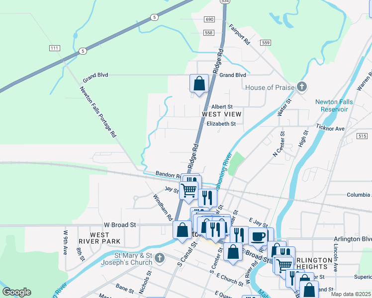 map of restaurants, bars, coffee shops, grocery stores, and more near 369 Ridge Road in Newton Falls