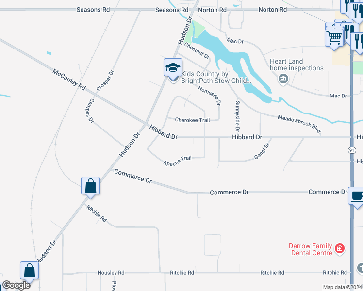 map of restaurants, bars, coffee shops, grocery stores, and more near 1344 Hibbard Drive in Stow