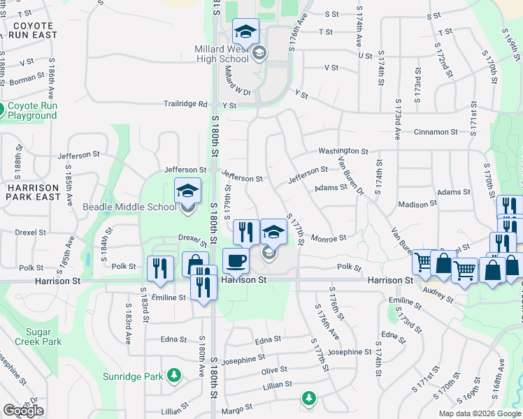 map of restaurants, bars, coffee shops, grocery stores, and more near 6316 South 177th Street in Omaha