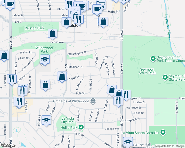 map of restaurants, bars, coffee shops, grocery stores, and more near 7395 Madison Street in Ralston
