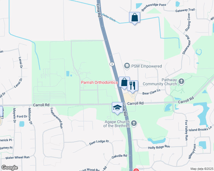 map of restaurants, bars, coffee shops, grocery stores, and more near 12103 Lima Road in Fort Wayne