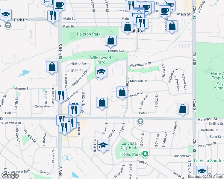 map of restaurants, bars, coffee shops, grocery stores, and more near Heritage Circle in Ralston