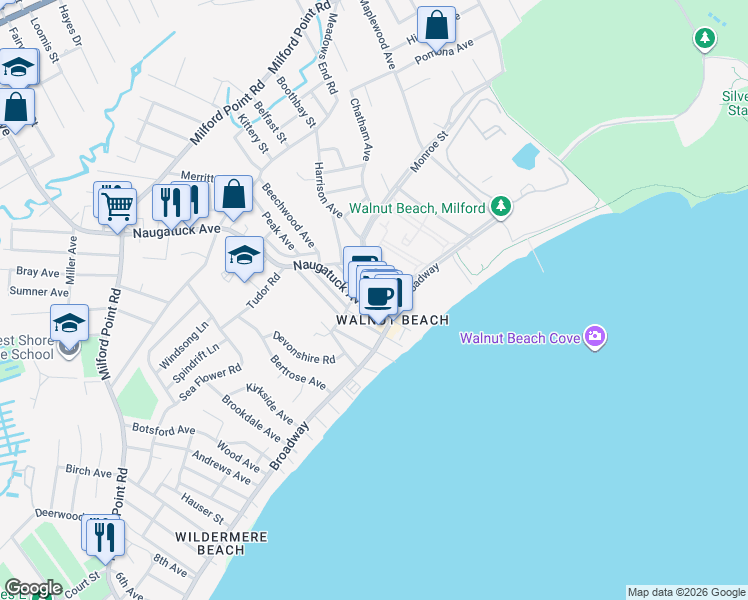 map of restaurants, bars, coffee shops, grocery stores, and more near 51 Beach Shore Drive in Milford