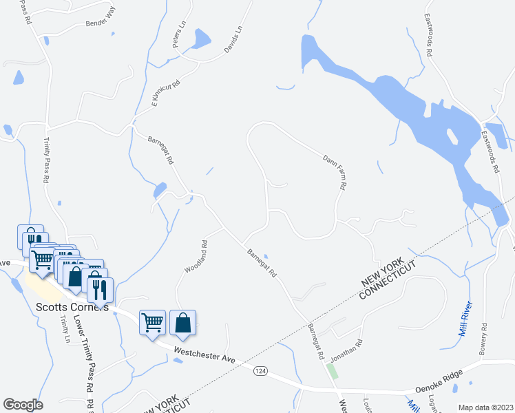 map of restaurants, bars, coffee shops, grocery stores, and more near 18 Dann Farm Road in Pound Ridge