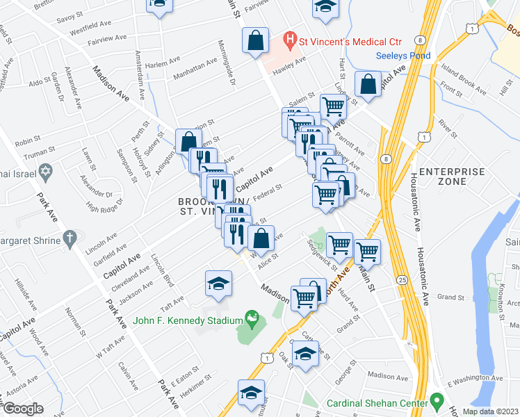 map of restaurants, bars, coffee shops, grocery stores, and more near 199 Federal Street in Bridgeport