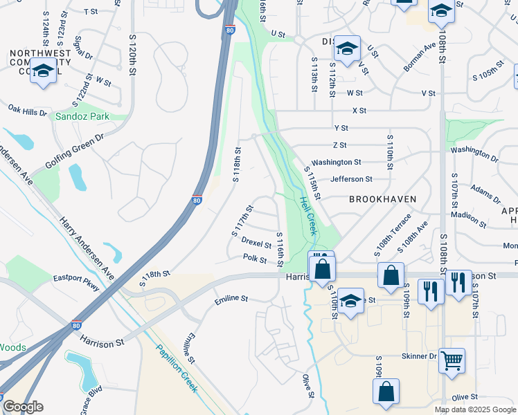 map of restaurants, bars, coffee shops, grocery stores, and more near 6528 South 117th Street in Omaha