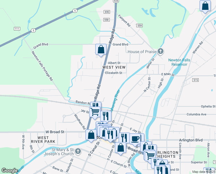 map of restaurants, bars, coffee shops, grocery stores, and more near 520 Ridge Road in Newton Falls