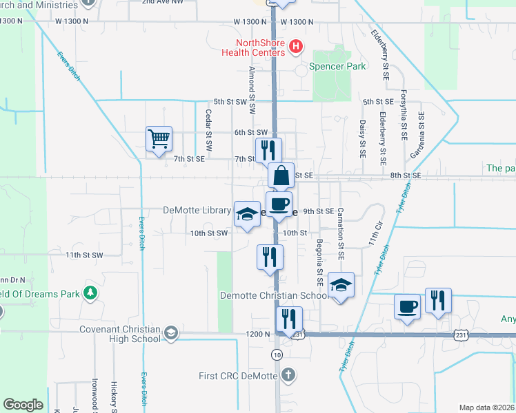 map of restaurants, bars, coffee shops, grocery stores, and more near 809 Almond St SW in De Motte