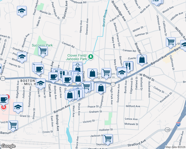 map of restaurants, bars, coffee shops, grocery stores, and more near 177 Light Street in Stratford