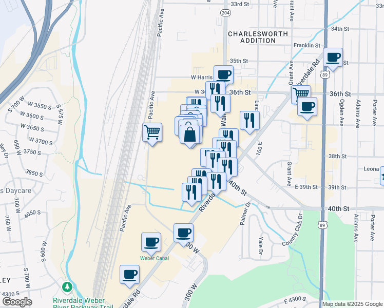 map of restaurants, bars, coffee shops, grocery stores, and more near 4000 Newgate Mall in Ogden