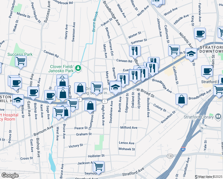 map of restaurants, bars, coffee shops, grocery stores, and more near 73 Barnum Terrace Extension in Stratford