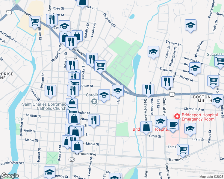 map of restaurants, bars, coffee shops, grocery stores, and more near 1022 Boston Avenue in Bridgeport