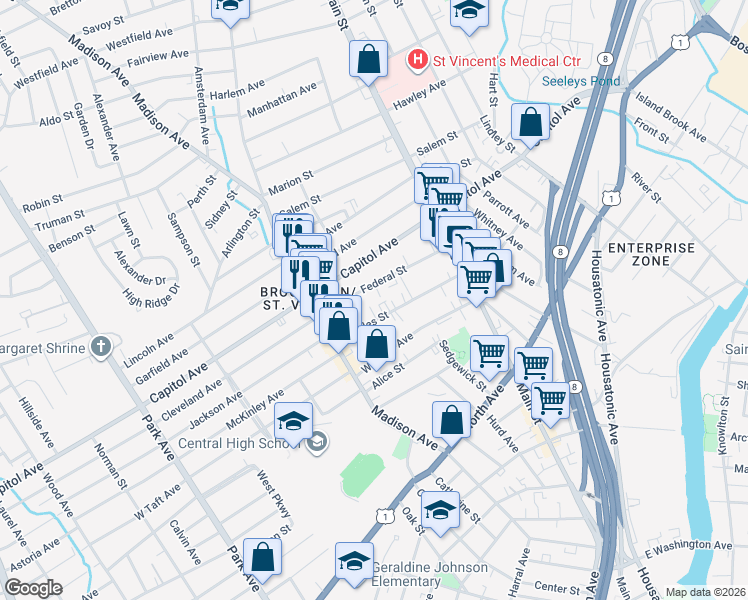 map of restaurants, bars, coffee shops, grocery stores, and more near 199 Federal Street in Bridgeport