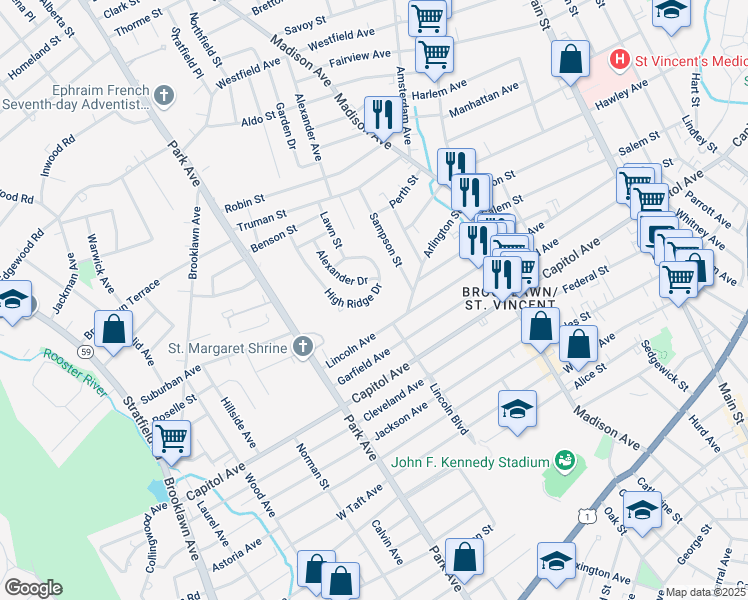 map of restaurants, bars, coffee shops, grocery stores, and more near 29 Alexander Drive in Bridgeport
