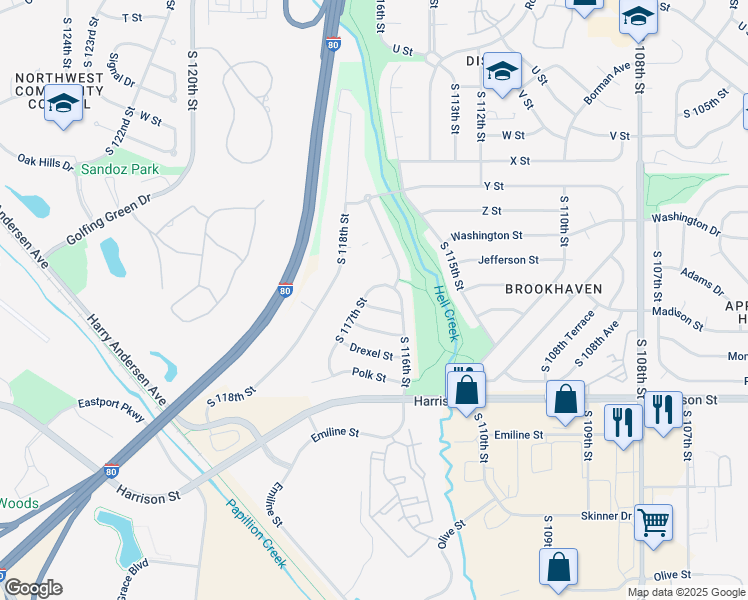 map of restaurants, bars, coffee shops, grocery stores, and more near 6528 South 117th Street in Omaha