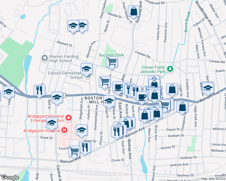 map of restaurants, bars, coffee shops, grocery stores, and more near 31 Fairbanks Street in Bridgeport