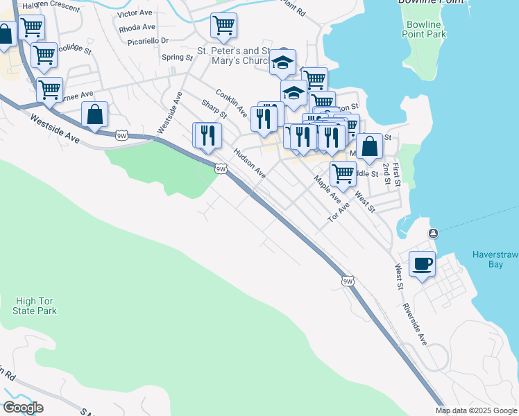 map of restaurants, bars, coffee shops, grocery stores, and more near 103 New Main Street in Haverstraw