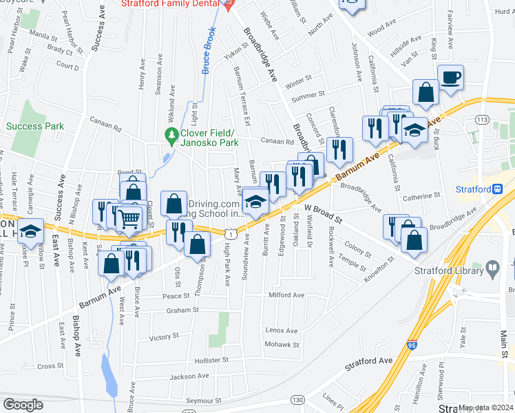 map of restaurants, bars, coffee shops, grocery stores, and more near 35 Barnum Terrace in Stratford