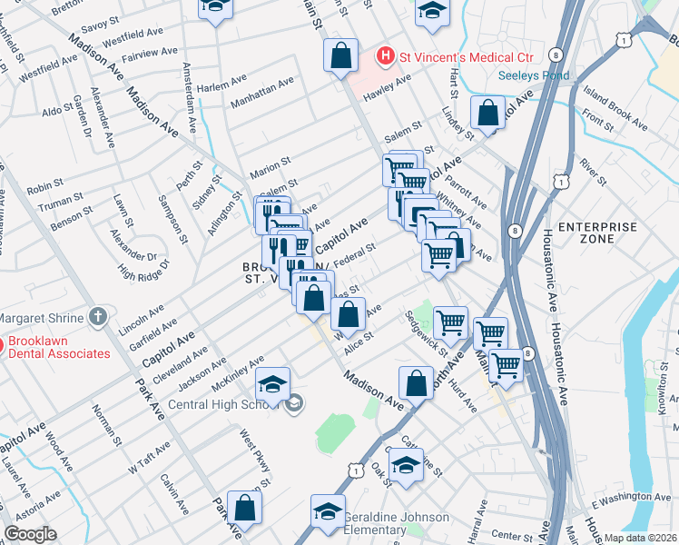 map of restaurants, bars, coffee shops, grocery stores, and more near 199 Federal Street in Bridgeport