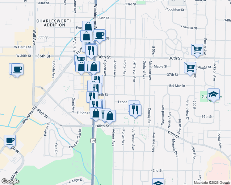 map of restaurants, bars, coffee shops, grocery stores, and more near 3780 Adams Avenue in Ogden