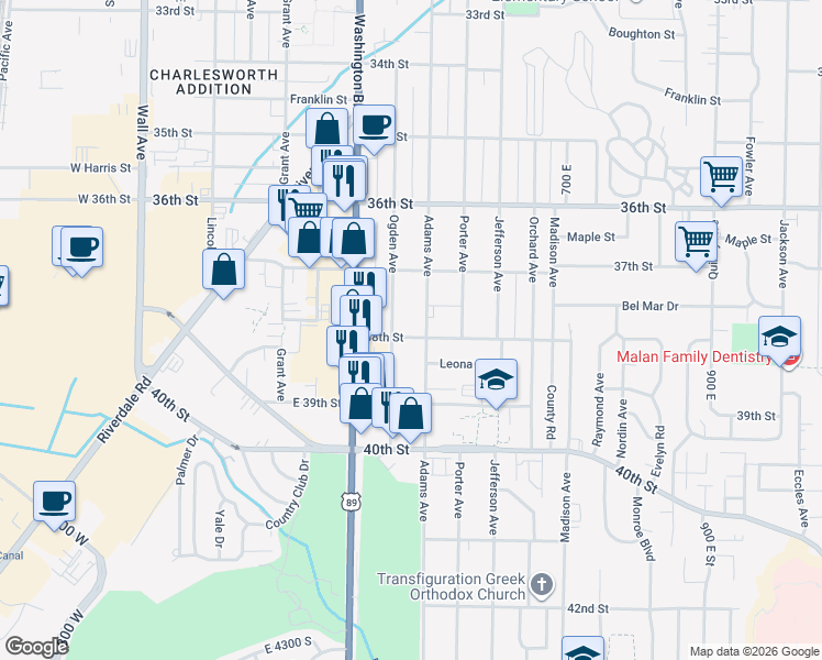 map of restaurants, bars, coffee shops, grocery stores, and more near 3766 Ogden Avenue in Ogden