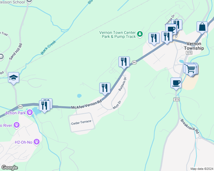 map of restaurants, bars, coffee shops, grocery stores, and more near 249 New Jersey 94 in Vernon Township