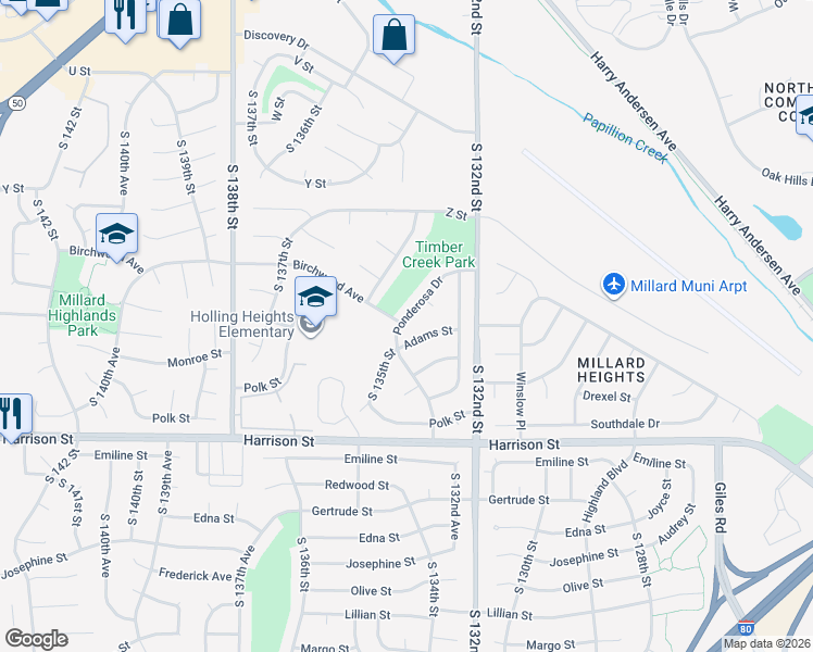 map of restaurants, bars, coffee shops, grocery stores, and more near 6334 Ponderosa Drive in Omaha