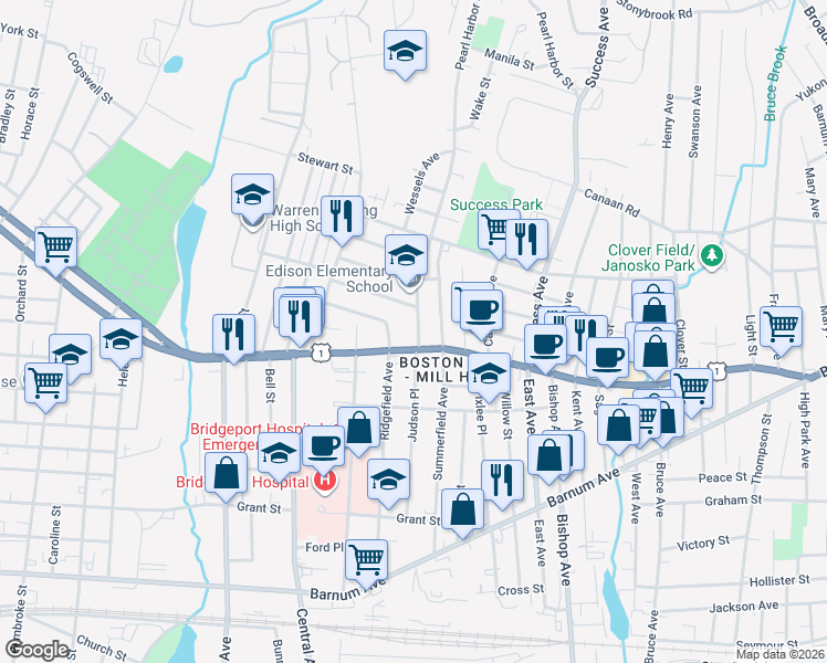 map of restaurants, bars, coffee shops, grocery stores, and more near 33 Boston Terrace in Bridgeport