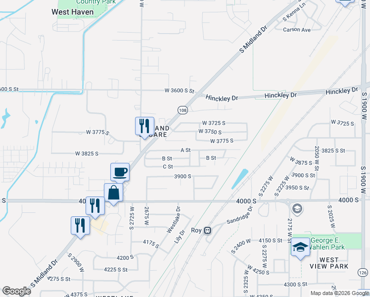 map of restaurants, bars, coffee shops, grocery stores, and more near West 3775 South in Roy
