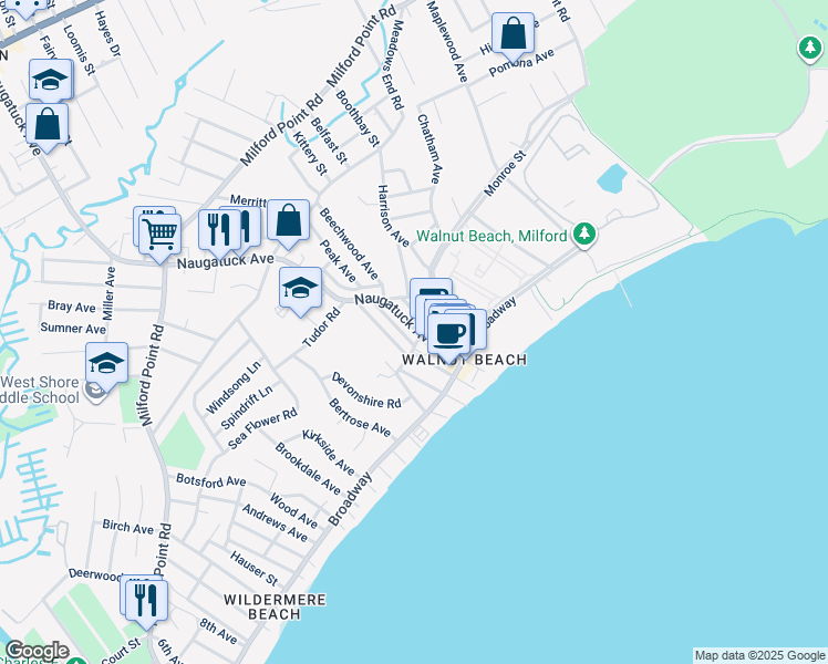 map of restaurants, bars, coffee shops, grocery stores, and more near 98 Naugatuck Avenue in Milford
