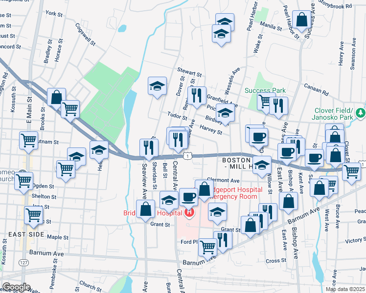 map of restaurants, bars, coffee shops, grocery stores, and more near 65 Palisade Avenue in Bridgeport