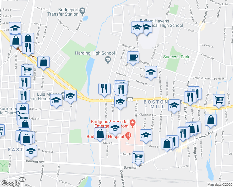 map of restaurants, bars, coffee shops, grocery stores, and more near 69 Dover Street in Bridgeport