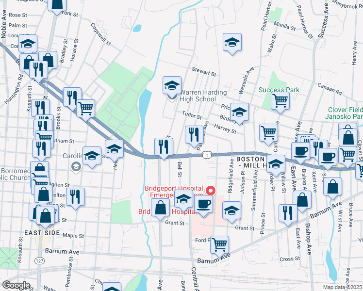 map of restaurants, bars, coffee shops, grocery stores, and more near 69 Dover Street in Bridgeport