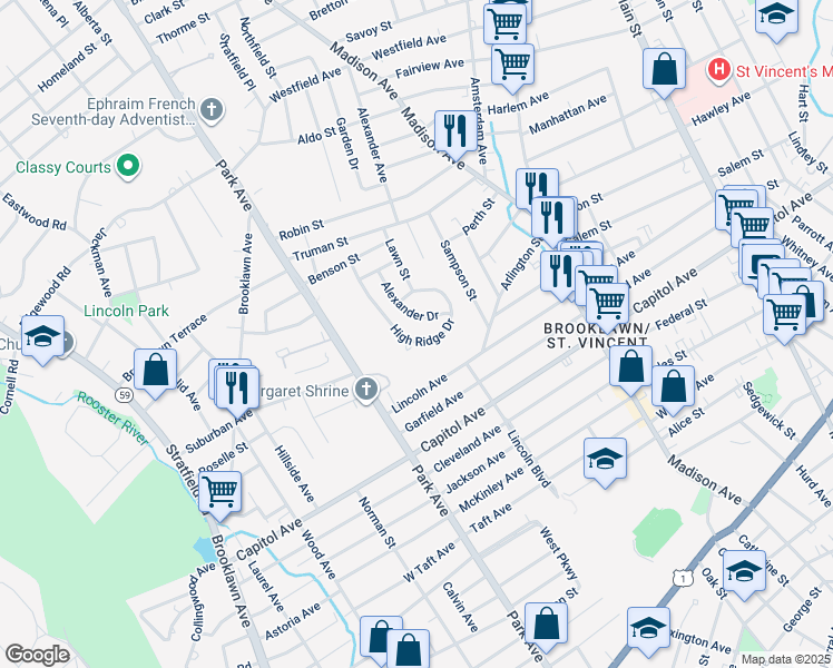 map of restaurants, bars, coffee shops, grocery stores, and more near 320 High Ridge Drive in Bridgeport