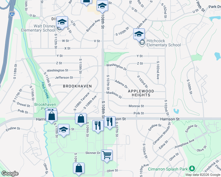 map of restaurants, bars, coffee shops, grocery stores, and more near 6416 South 107th Street in Omaha