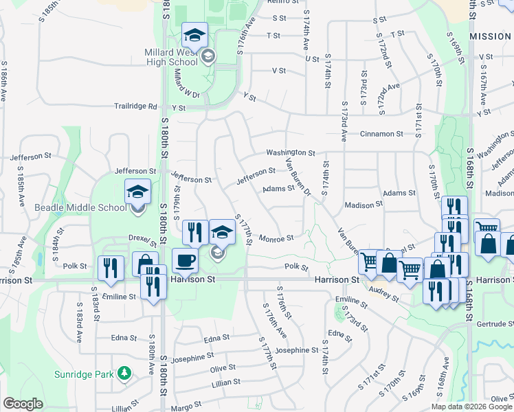 map of restaurants, bars, coffee shops, grocery stores, and more near 6405 South 176th Street in Omaha