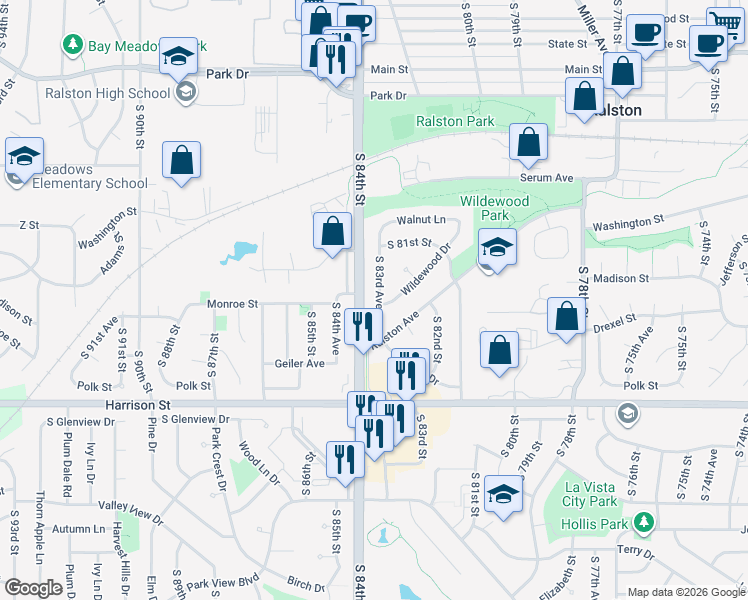 map of restaurants, bars, coffee shops, grocery stores, and more near 6633 South 83rd Avenue in Ralston