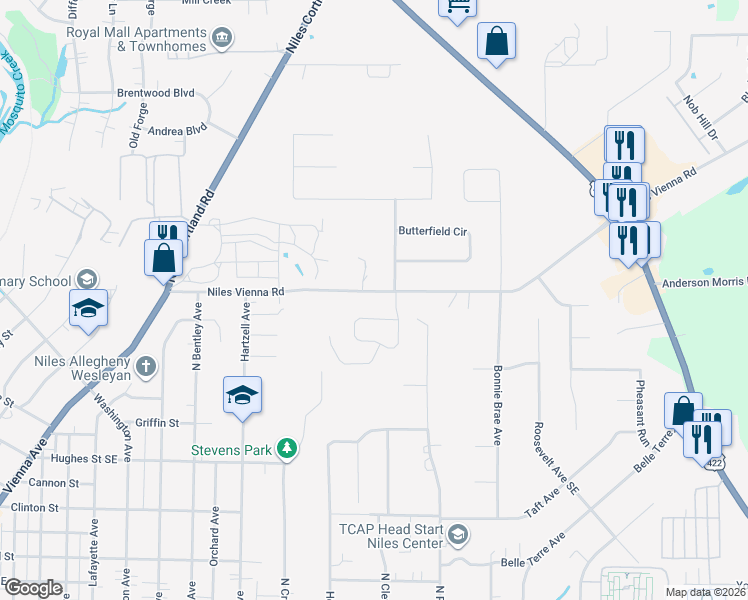 map of restaurants, bars, coffee shops, grocery stores, and more near 1429 Niles Vienna Road in Niles