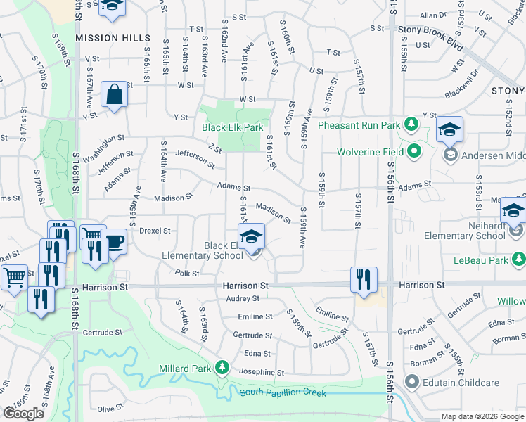 map of restaurants, bars, coffee shops, grocery stores, and more near 16108 Madison Street in Omaha